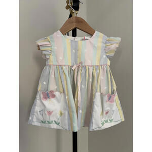 Vintage Baby Togs Rainbow Pastel Stripe Butterfly & Flower Pocket Spring Dress